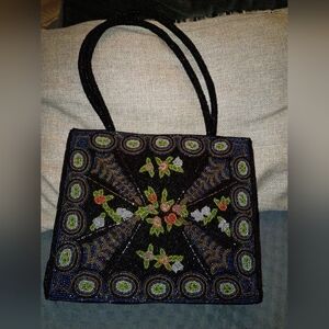 Vintage Comeco Floral Beaded Black Shoulder Bag
